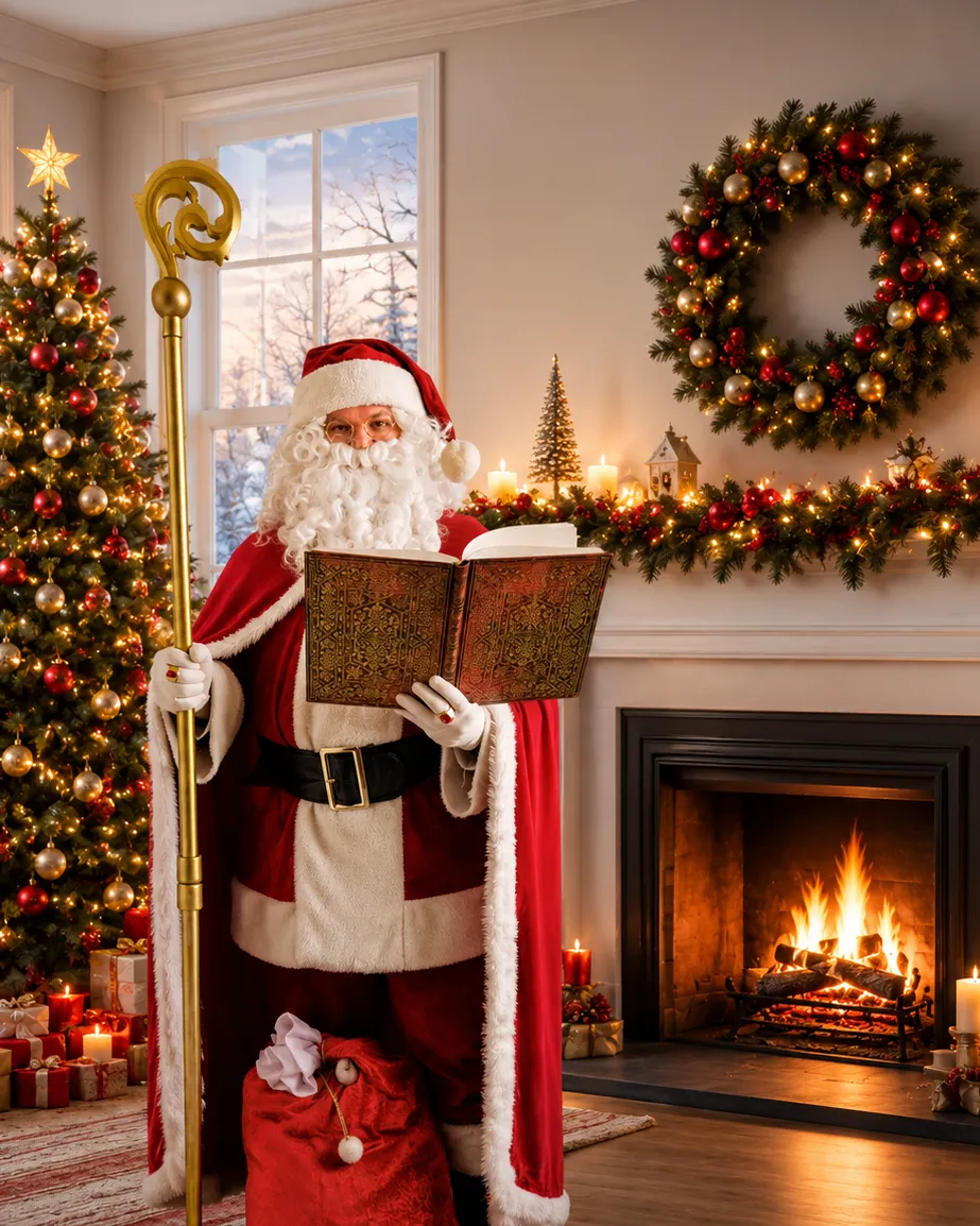 Weihnachtsmann bei einem Auftritt in Augsburg Weihnachtsmann liest aus dem goldenen Buch vor dem Kamin